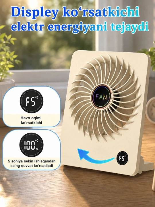 Портативный мини-вентилятор с дисплеем, 5 скоростей, USB Type-C