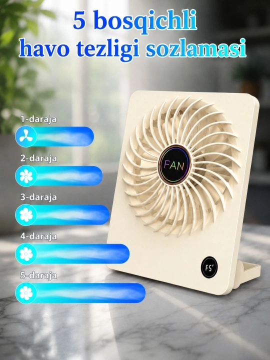Портативный мини-вентилятор с дисплеем, 5 скоростей, USB Type-C