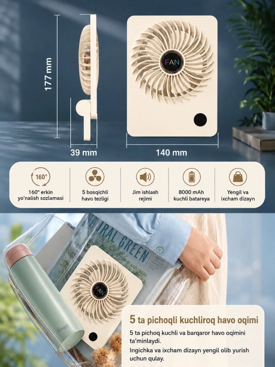 Портативный мини-вентилятор с дисплеем, 5 скоростей, USB Type-C