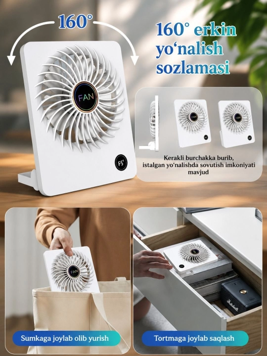 Портативный мини-вентилятор с дисплеем, 5 скоростей, USB Type-C