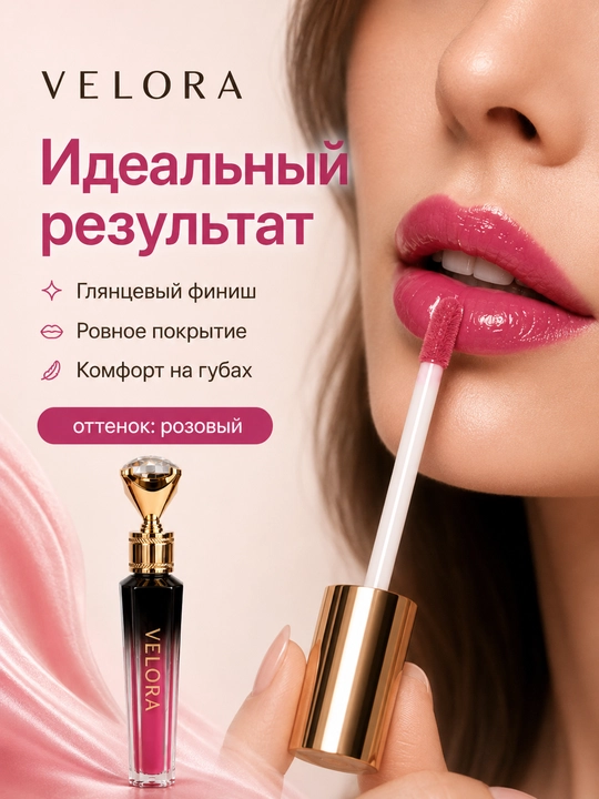 Жидкая помада VELORA, блеск для губ, глянцевый финиш - 