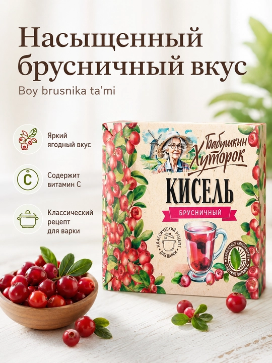 «Babushkin Xutorok» brusnikali kisel, briket, 2 × 180 g to‘plam, jami 360 g
