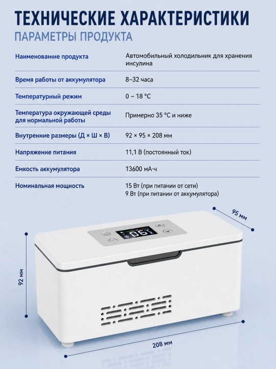 Insulin va dori-darmonlarni saqlash uchun ko‘chma avtomobil sovutgichi, 2-8°C haroratda