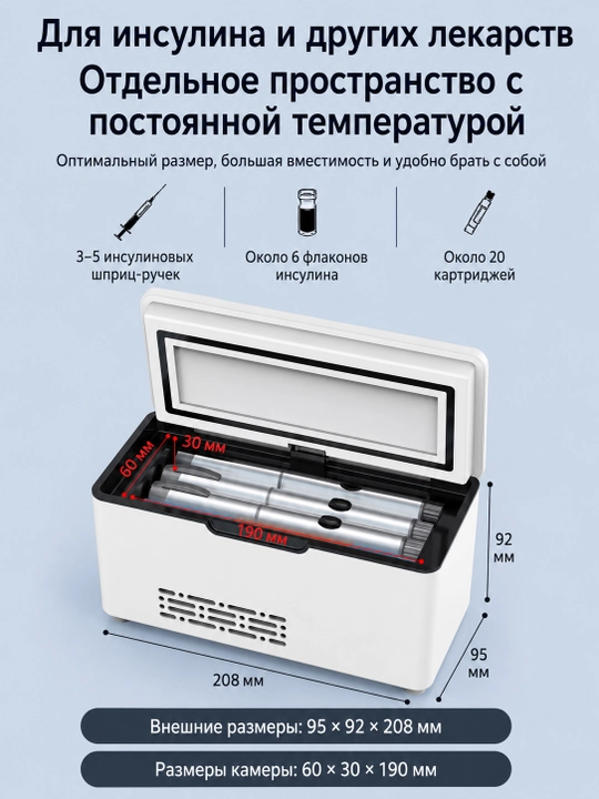 Insulin va dori-darmonlarni saqlash uchun ko‘chma avtomobil sovutgichi, 2-8°C haroratda