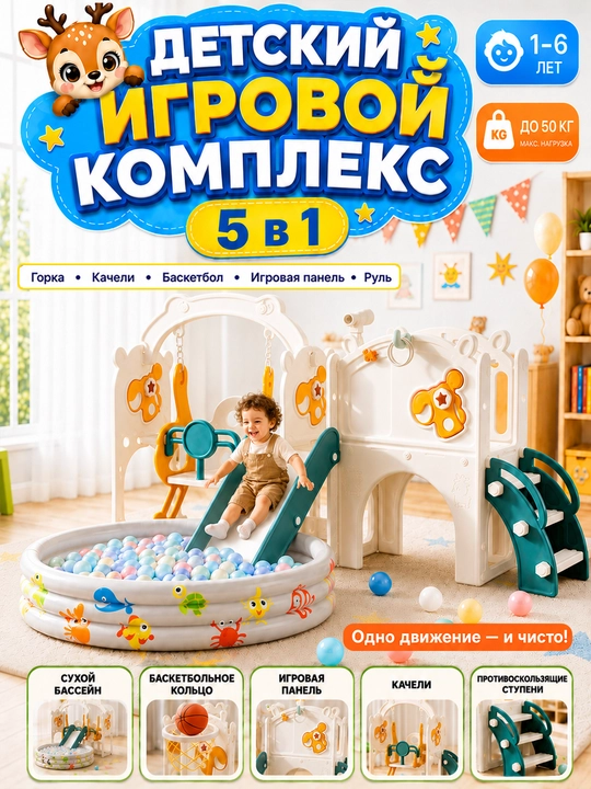 Детский игровой комплекс, с горкой, качелями и баскетболом, до 50 кг