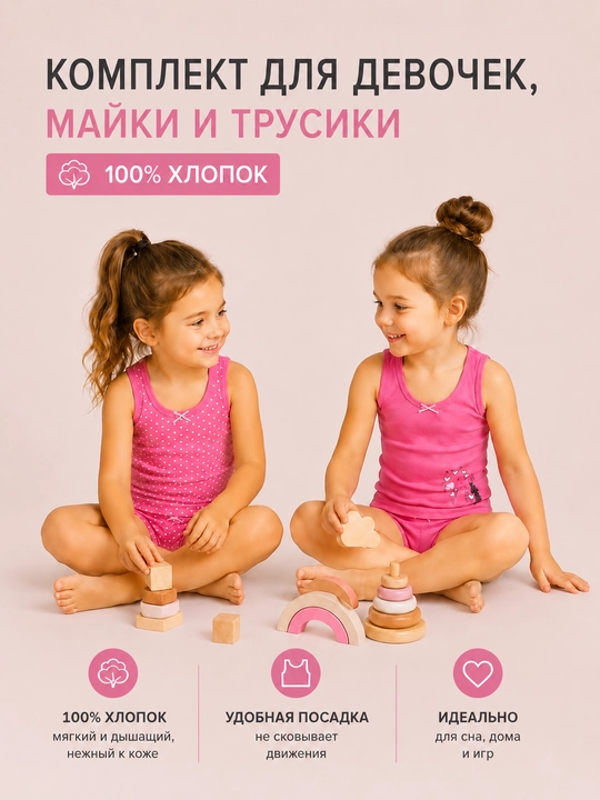 Qizlar uchun ichki kiyimlar to‘plami, 2 ta mayka va 2 ta ichki kiyim, bolalar ichki kiyimi - 