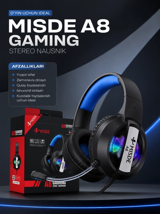 A8 Gaming Stereo Naushnik RGB LED Mikrofonli Simli Quloqchin Kompyuter va Telefon uchun - 