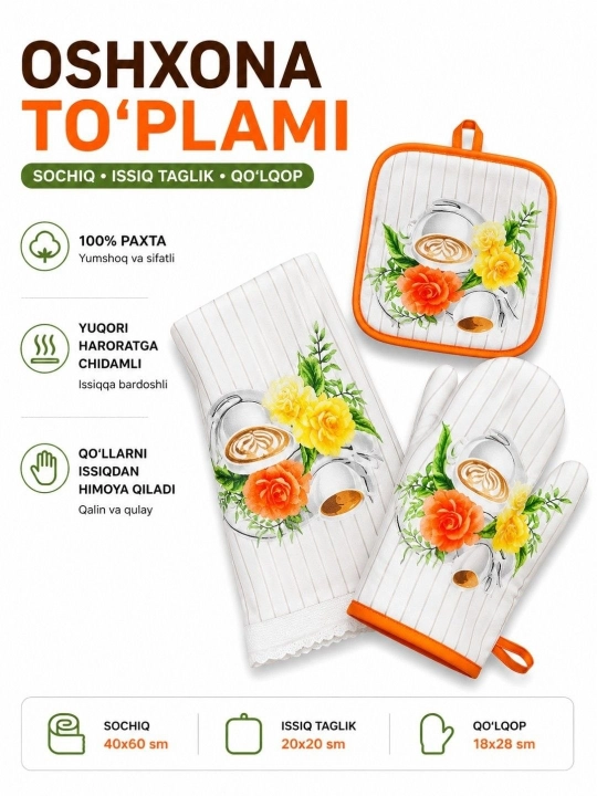 Oshxona to‘plami: fartuk, tutqich, sochiq va issiq ovqat uchun taglik, sifatli mato - 