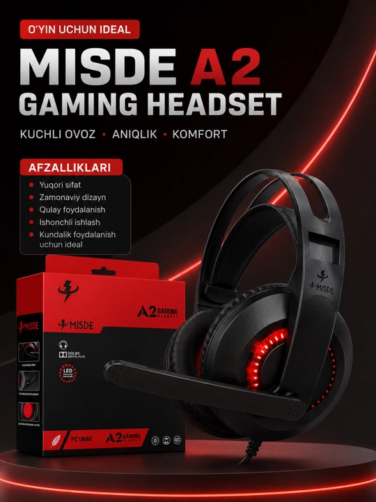 A2 Gaming Stereo Naushnik Mikrofonli RGB LED Simli Quloqchin PC, Laptop va Telefon uchun - 