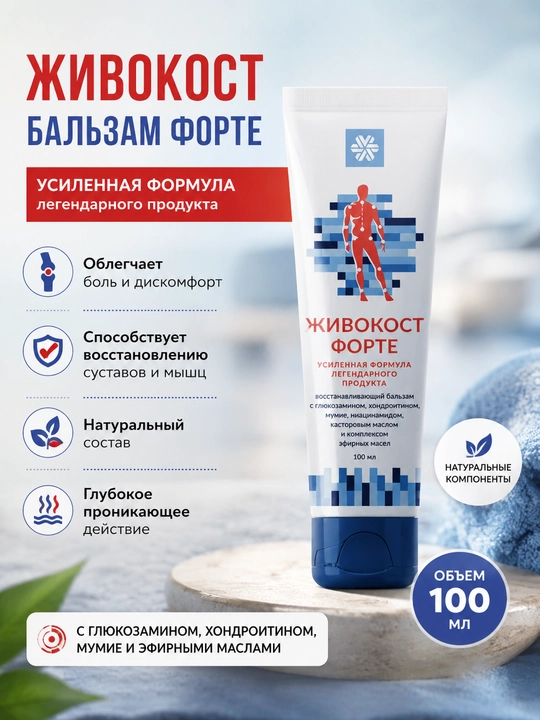 Jivokost Forte - bo‘g‘imlar va mushak og‘riqlari uchun mumiyo, glyukozamin va xondroitinli balzam - 