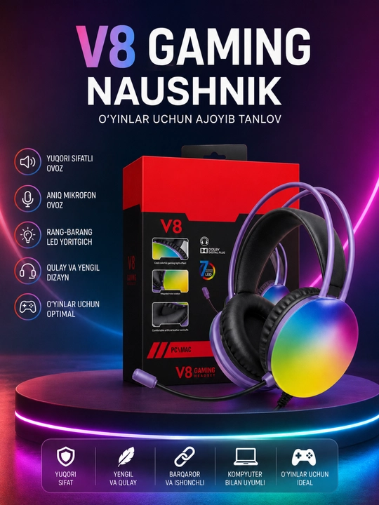 V8 Gaming Stereo Naushnik RGB LED Mikrofonli Simli Quloqchin PC, Laptop va Telefon uchun - 