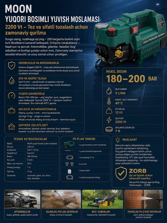 Автомойка высокого давления MOON 2200 Вт, оборудование для мойка, автомойка