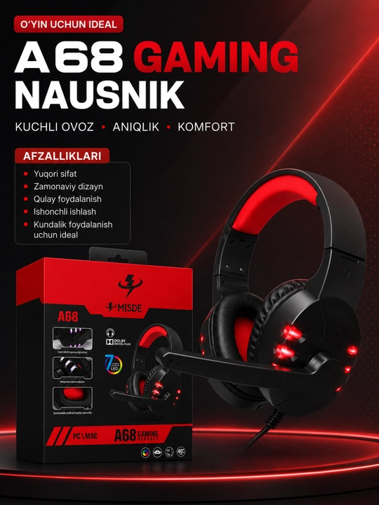 A68 Gaming Stereo Naushnik RGB LED Mikrofonli Simli Quloqchin PC, Laptop va Telefon uchun - 