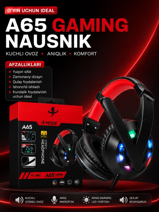 A65 Gaming Stereo Naushnik RGB LED Mikrofonli Simli Quloqchin PC, Laptop va Telefon uchun - 