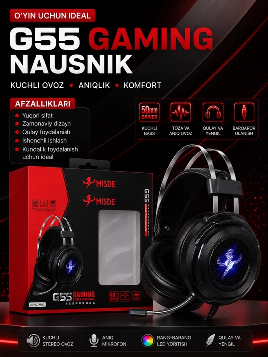 MISDE G55 Gaming Stereo Naushnik RGB LED Mikrofonli Simli Quloqchin PC va Mac uchun - 