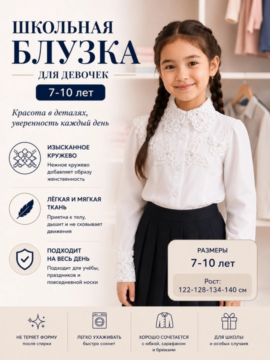 Maktab koftasi qizlar uchun 7–10 yosh, oq krujevali maktab bluzkasi