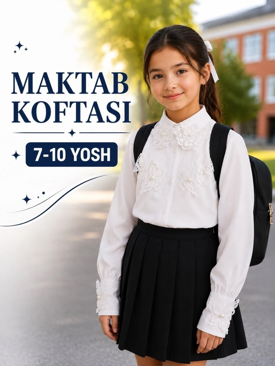Maktab koftasi qizlar uchun 7–10 yosh, oq krujevali maktab bluzkasi