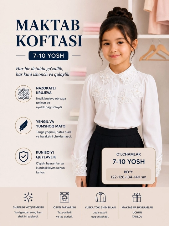 Maktab koftasi qizlar uchun 7–10 yosh, oq krujevali maktab bluzkasi