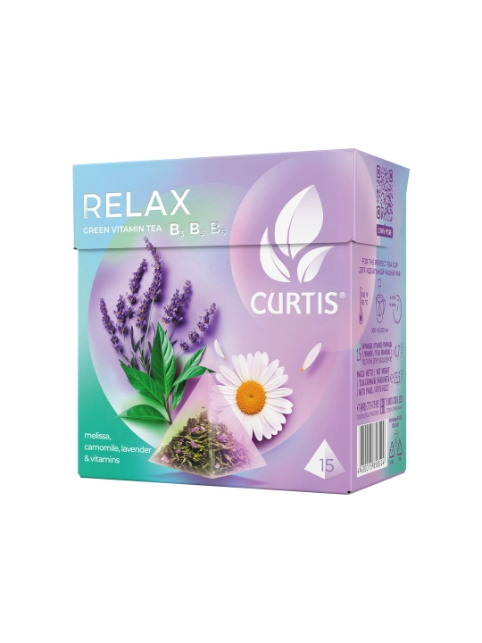 Ko'k choy Curtis "Relax" moychechak, lavanda, limon o'ti va B3, B5, B6 vitaminlari bilan, 15 ta piramidacha