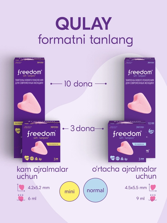 Freedom ipchasiz yumshoq tamponlar, faol hayot tarzi uchun, Normal