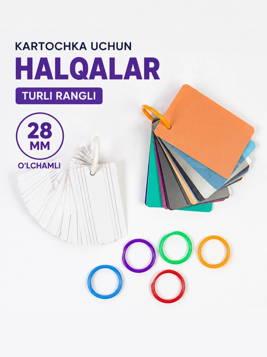 Kartochkalar, qog‘ozlar, flesh-kartalar va namunalar uchun turli rangdagi 28 mm o‘lchamli plastik halqalar - 