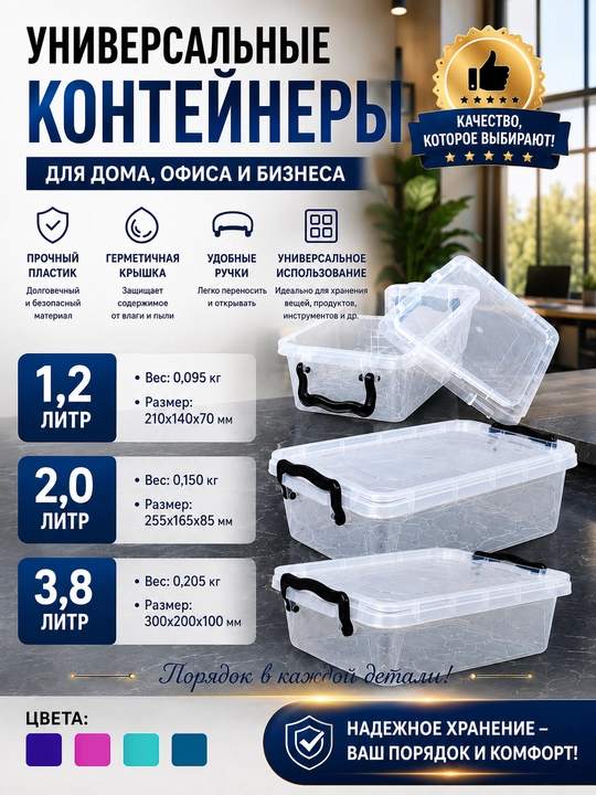 1,2 litr, 2 litr va 3,8 litr hajmdagi universal plastik konteynerlar - 