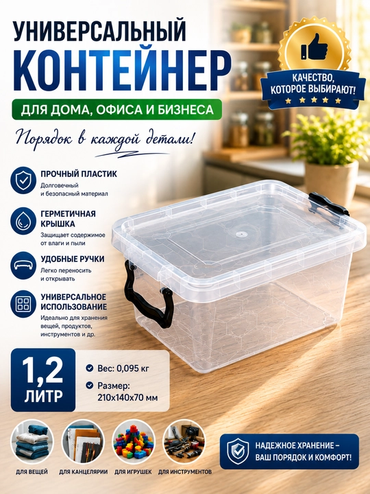 1,2 litr, 2 litr va 3,8 litr hajmdagi universal plastik konteynerlar