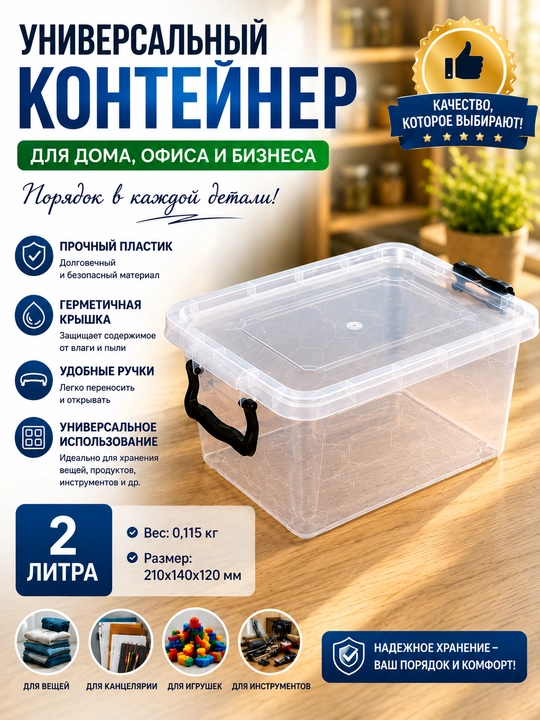 1,2 litr, 2 litr va 3,8 litr hajmdagi universal plastik konteynerlar