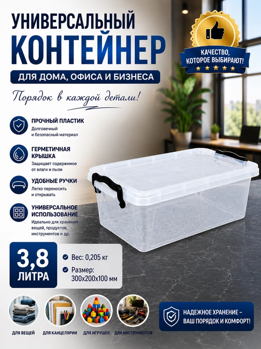1,2 litr, 2 litr va 3,8 litr hajmdagi universal plastik konteynerlar