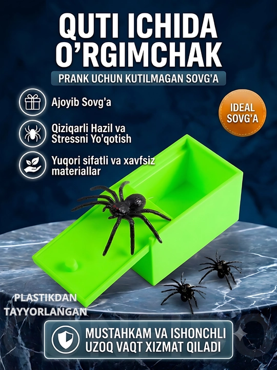 Qutidagi o‘rgimchak, hazil uchun o‘yinchoq (prank) - 