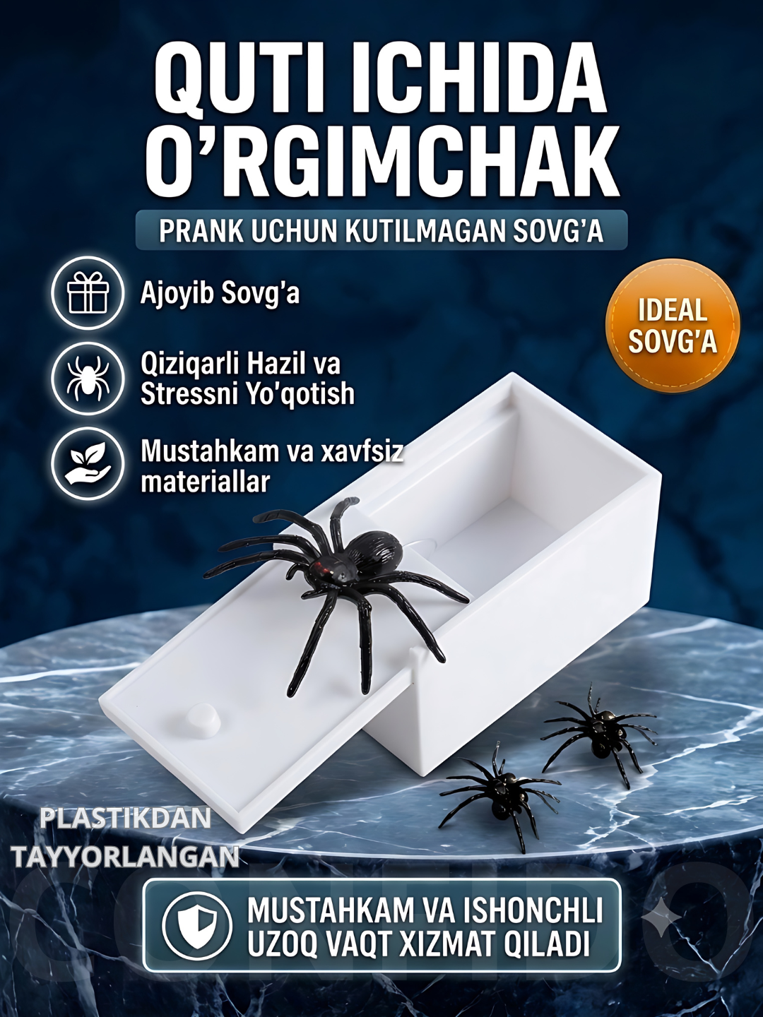 Qutidagi o‘rgimchak, hazil uchun o‘yinchoq (prank) - 