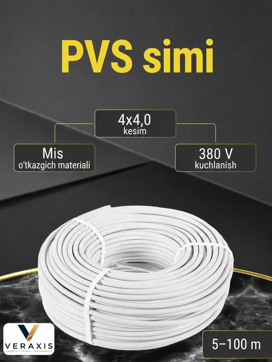PVX qobiqli 4x4 mm2 o‘lchamli egiluvchan mis PVS kuch simi - 