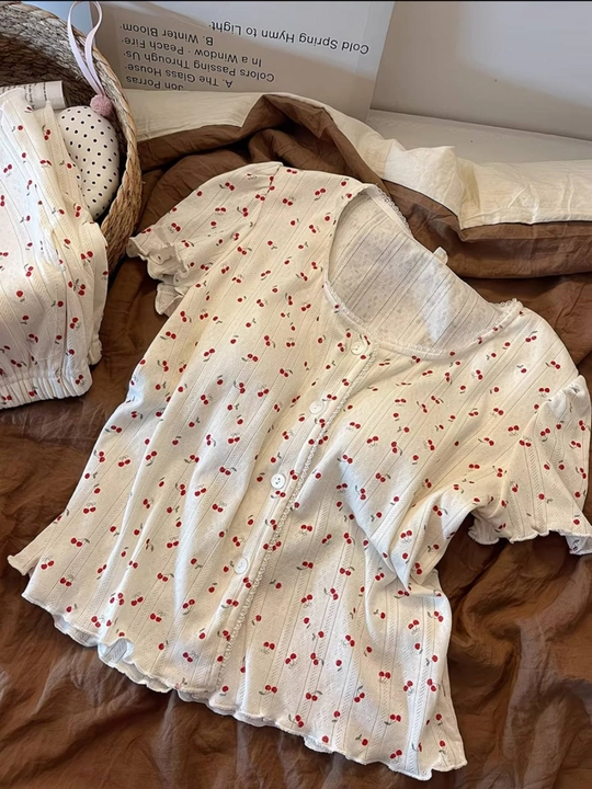 Ayollar uchun pijama to'plami, gilos printli uy kiyimi, paxtali, shortik va futbolka