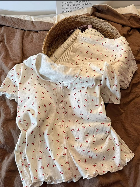 Ayollar uchun pijama to'plami, gilos printli uy kiyimi, paxtali, shortik va futbolka