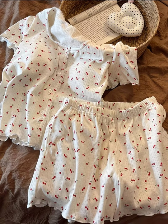 Ayollar uchun pijama to'plami, gilos printli uy kiyimi, paxtali, shortik va futbolka