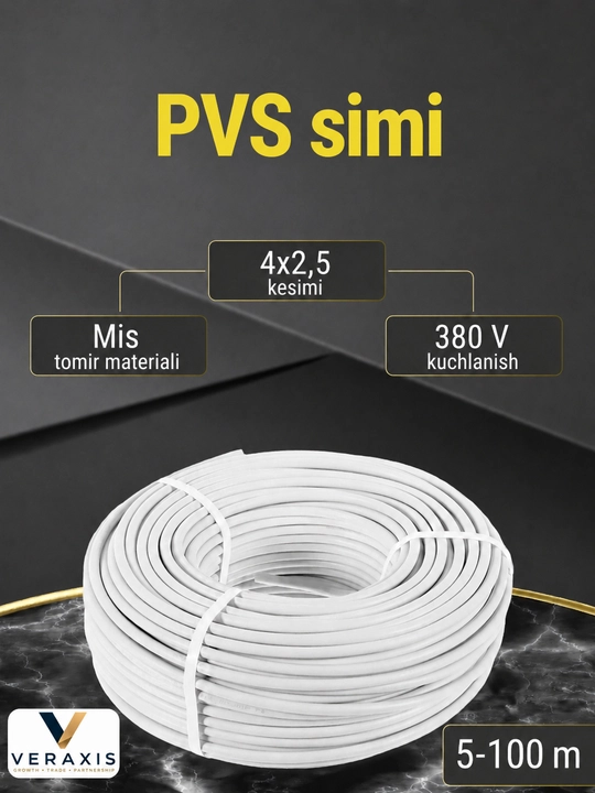 PVX qobiqli 4x2,5 mm2 o‘lchamli egiluvchan mis PVS kuch simi - 