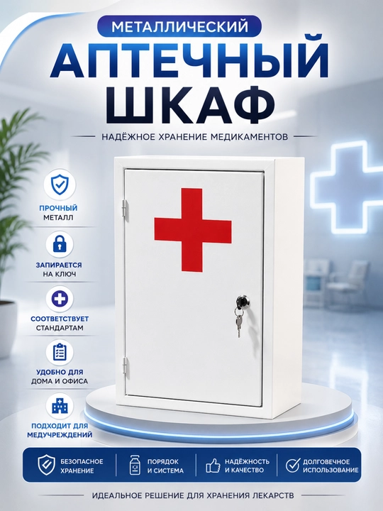 Qulfli metall dori-darmon shkafi, 3 tokchali — tibbiy buyumlarni saqlash uchun - 