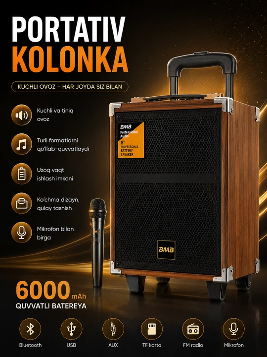Karaoke Bluetooth kalonka BQ-8, mikrofon bilan, kuchli ovoz - 