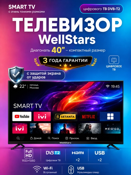 Смарт телевизор WellStars 40” Full HD | Smart TV | Wi-Fi | DVB-T2 | IPS - 