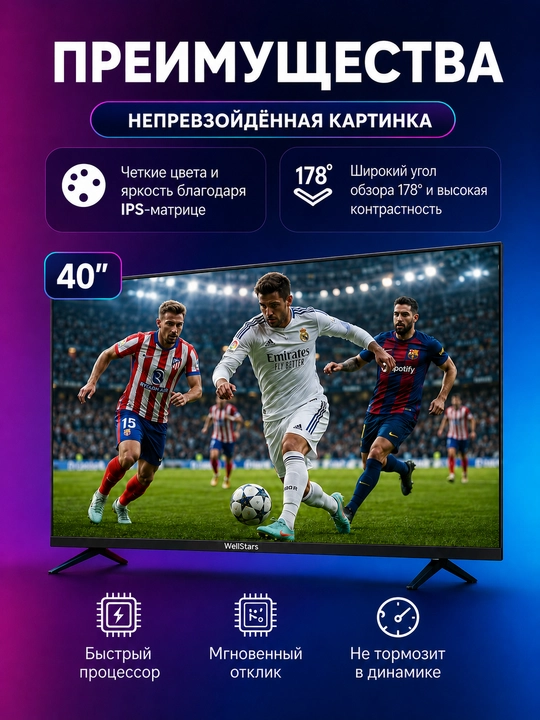 Смарт телевизор WellStars 40” Full HD | Smart TV | Wi-Fi | DVB-T2 | IPS