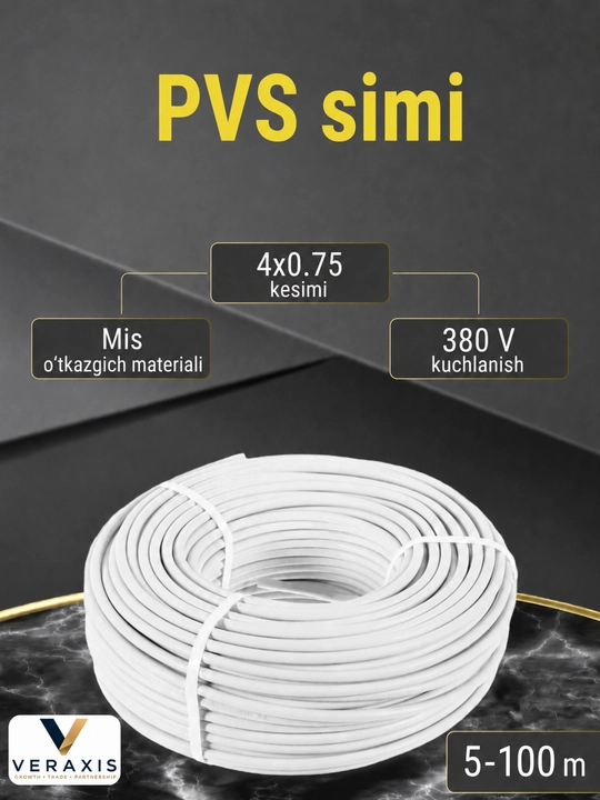 PVX qobiqli 4x0,75 mm2 o‘lchamli egiluvchan mis PVS kuch simi - 