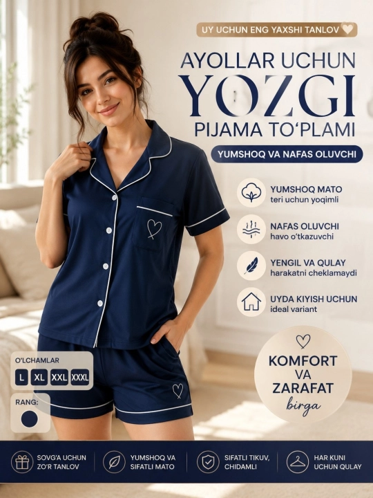 Ayollar uchun yozgi pijama to‘plami – yumshoq va nafas oluvchi uy kiyimi, shortikli