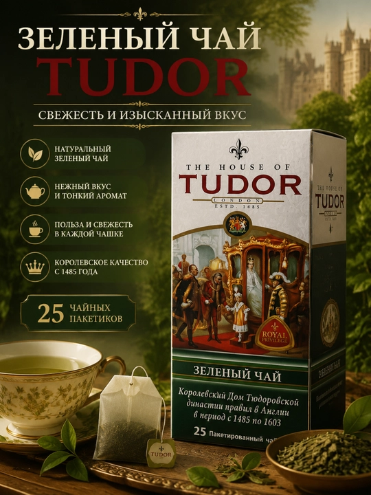 Зеленый чай Tudor, 25 чайных пакетиков - 