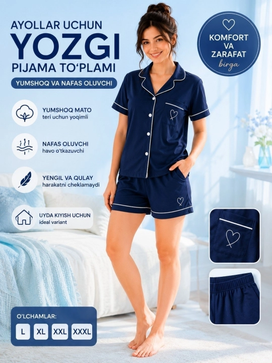Ayollar uchun yozgi pijama to‘plami – yumshoq va nafas oluvchi uy kiyimi, shortikli