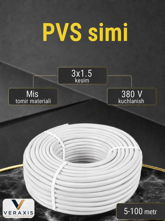 PVX qobiqli 3x1,5 mm2 o‘lchamli oq egiluvchan mis PVS simi - 