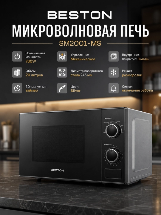 BESTON mikroto'lqinli pechi 20L 700W — 3 yillik kafolat, mikrovolnovka