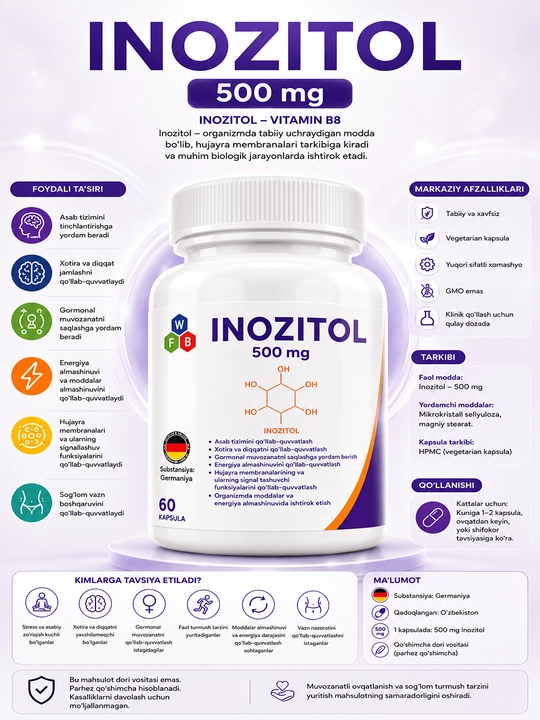 Inozitol 500 mg Inositol Vitamin B8, 60 kapsula - 