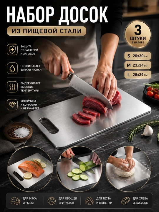 Набор разделочных досок из нержавеющей стали 3 шт, кухонные разделочные доски - 