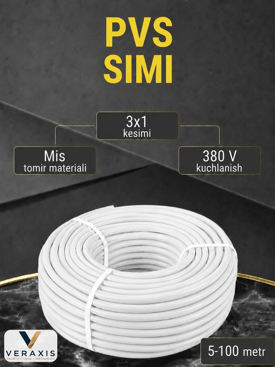 PVX qobiqli 3x1 mm2 o‘lchamli egiluvchan oq mis PVS simi - 