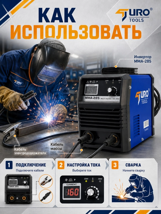 Сварочный инвертор TURO MMA-285, 140–560В, 220В/380В, DC сварка